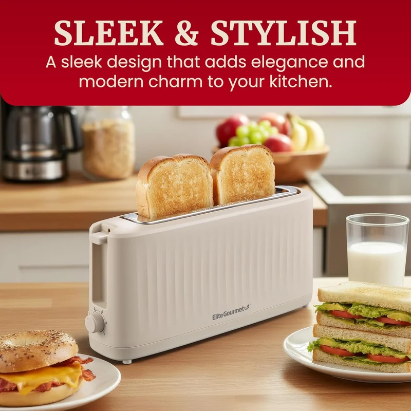 Gourmet Slim Toast 2-Slice Long Slot Toaster, Cool-Touch Body, 6 Browning Shades, Extra-Wide 1.5" Slot for Artisan Bread, Bagels, Waffles & English Muffins - Cremello