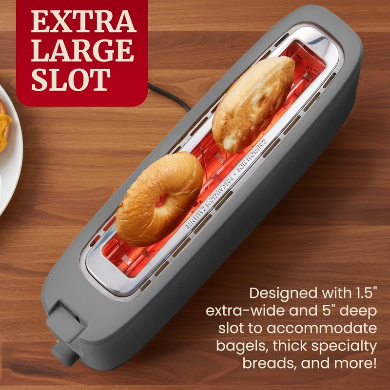 Gourmet Slim Toast 2-Slice Long Slot Toaster, Cool-Touch Body, 6 Browning Shades, Extra-Wide 1.5" Slot for Artisan Bread, Bagels, Waffles & English Muffins - Grey