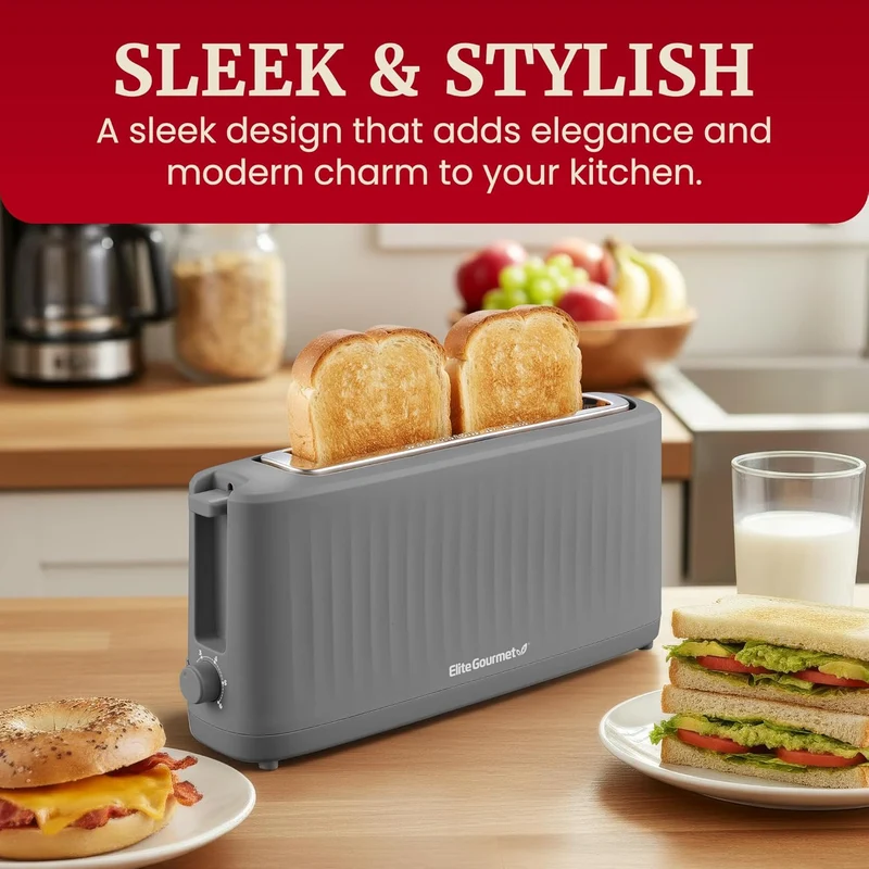 Gourmet Slim Toast 2-Slice Long Slot Toaster, Cool-Touch Body, 6 Browning Shades, Extra-Wide 1.5" Slot for Artisan Bread, Bagels, Waffles & English Muffins - Grey