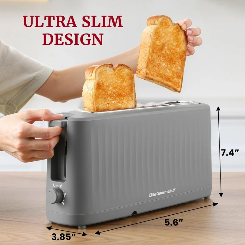 Gourmet Slim Toast 2-Slice Long Slot Toaster, Cool-Touch Body, 6 Browning Shades, Extra-Wide 1.5" Slot for Artisan Bread, Bagels, Waffles & English Muffins - Grey