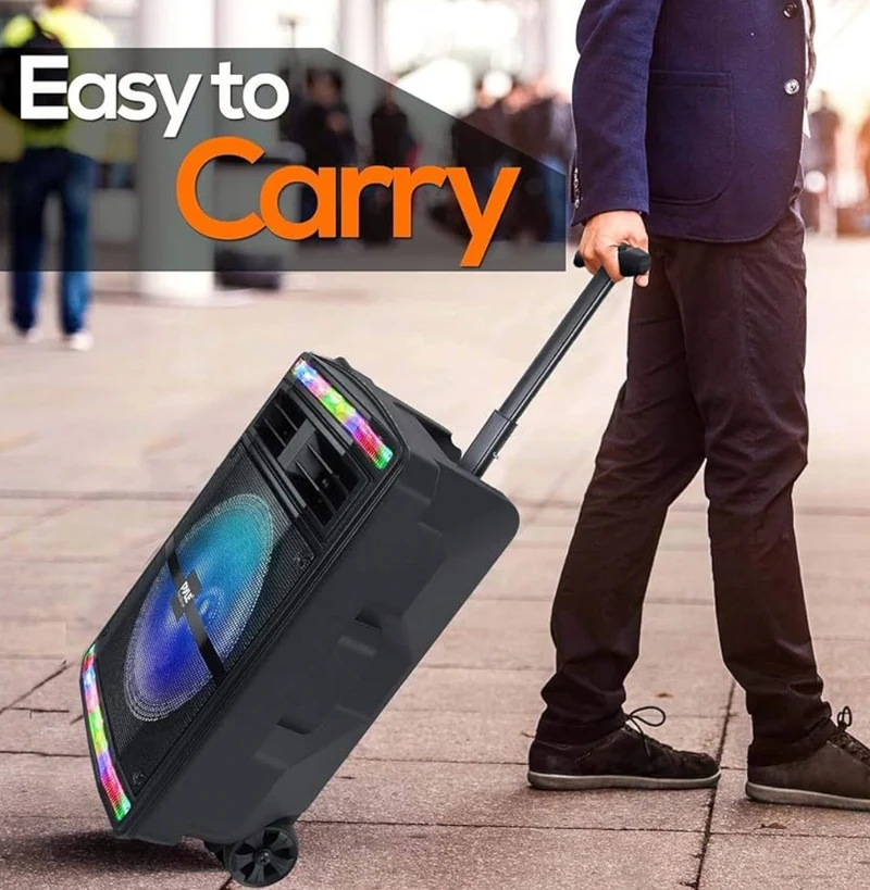 Portable Bluetooth PA Speaker System - 600W w/ Rechargeable Battery, Party Lights, MP3/USB SD Card Reader, Rolling Wheels
