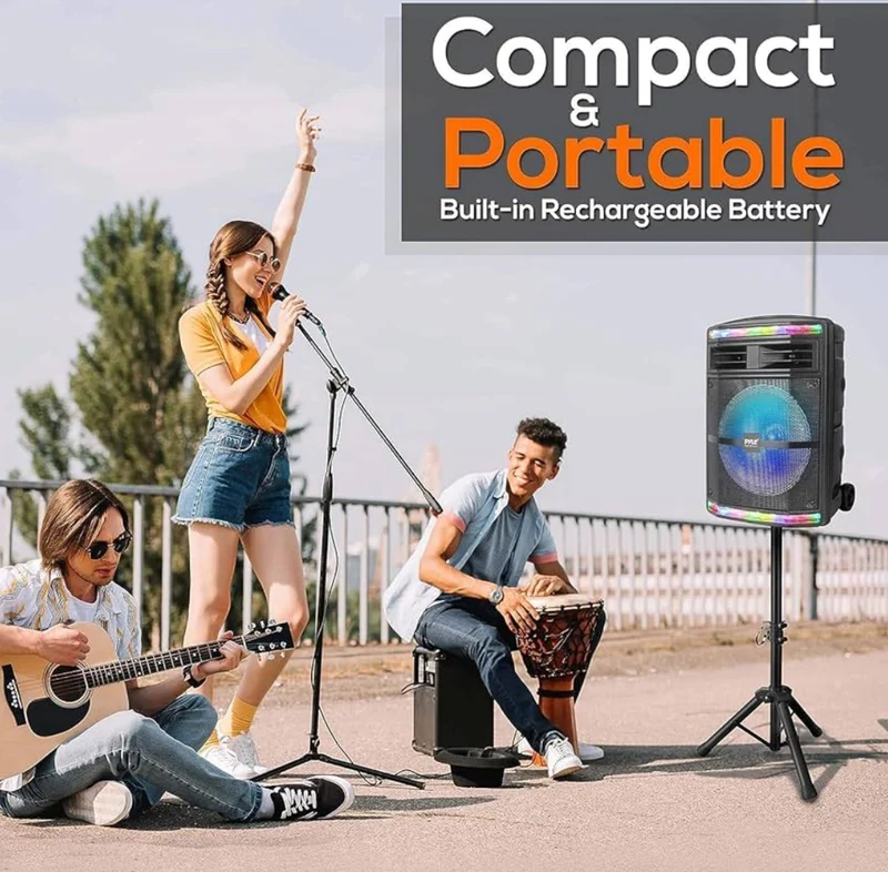 Portable Bluetooth PA Speaker System - 600W w/ Rechargeable Battery, Party Lights, MP3/USB SD Card Reader, Rolling Wheels
