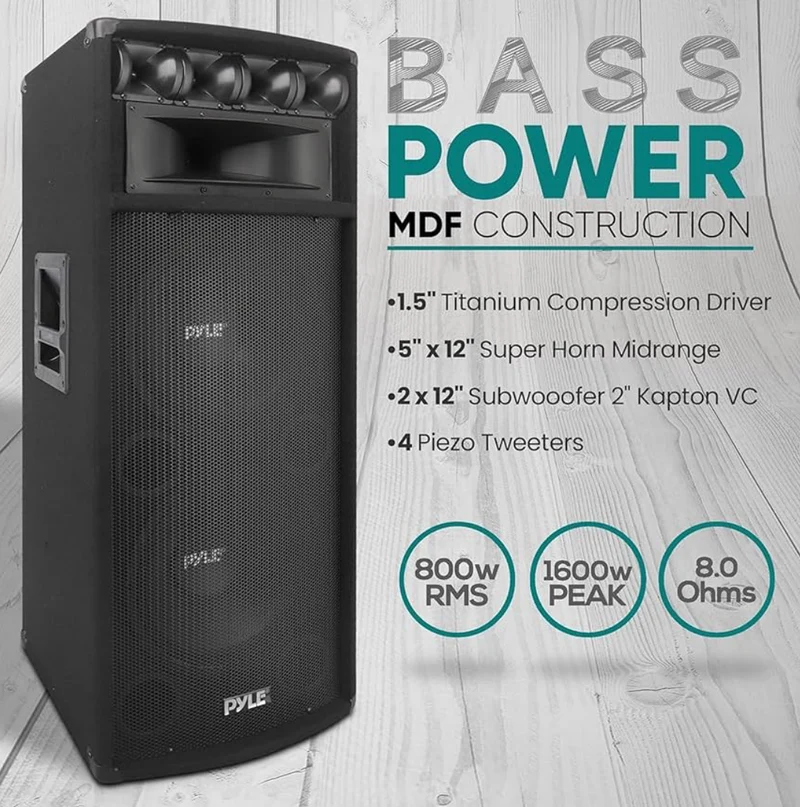 Portable PA Speaker System - 1600 Watt Outdoor Stereo w/ Dual 12" Woofers, 3.4" Piezo Tweeters, 5"x12" Super Horn Midrange, Crossover Network