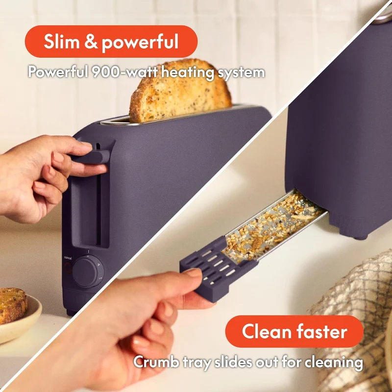 2 Slice Slim Toaster, Fits-anywhere Kitchenware, 6 Setting Shade Control with Reheat & Cancel Buttons, Fits sourdough, 10” Long Slot, Anti Jam & Auto Shutoff - Plum