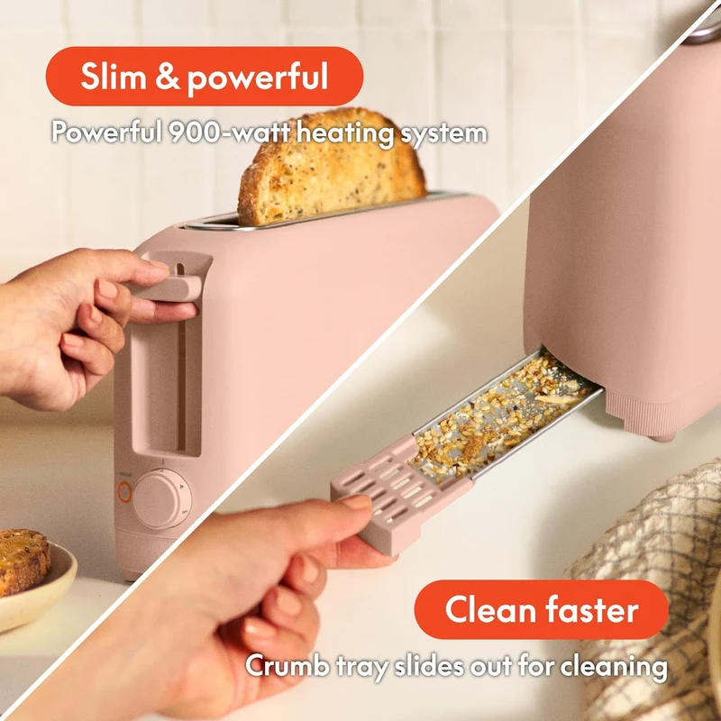 2 Slice Slim Toaster, Fits-anywhere Kitchenware, 6 Setting Shade Control with Reheat & Cancel Buttons, Fits sourdough, 10” Long Slot, Anti Jam & Auto Shutoff - Blossom