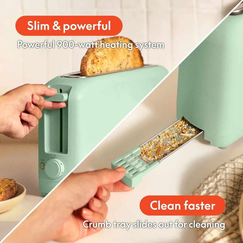 2 Slice Slim Toaster, Fits-anywhere Kitchenware, 6 Setting Shade Control with Reheat & Cancel Buttons, Fits sourdough, 10” Long Slot, Anti Jam & Auto Shutoff - Sea Glass