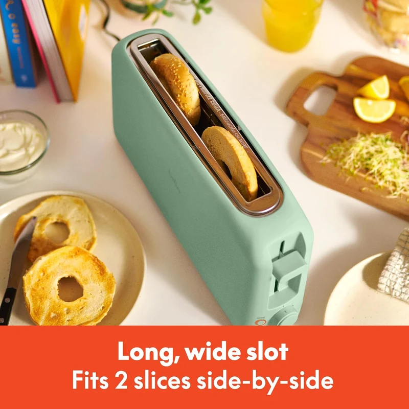 2 Slice Slim Toaster, Fits-anywhere Kitchenware, 6 Setting Shade Control with Reheat & Cancel Buttons, Fits sourdough, 10” Long Slot, Anti Jam & Auto Shutoff - Sea Glass