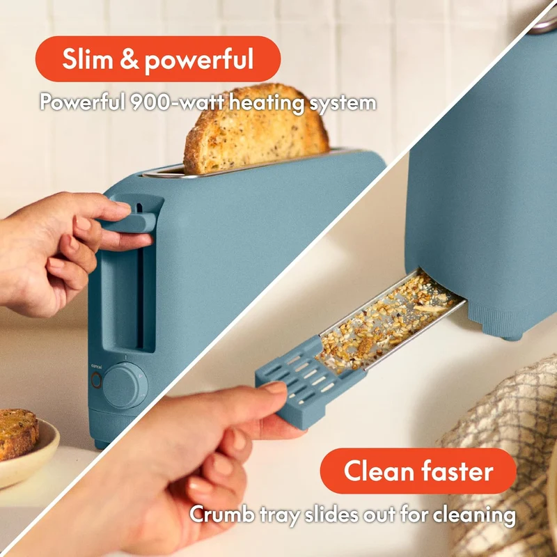 2 Slice Slim Toaster, Fits-anywhere Kitchenware, 6 Setting Shade Control with Reheat & Cancel Buttons, Fits sourdough, 10” Long Slot, Anti Jam & Auto Shutoff- Surf