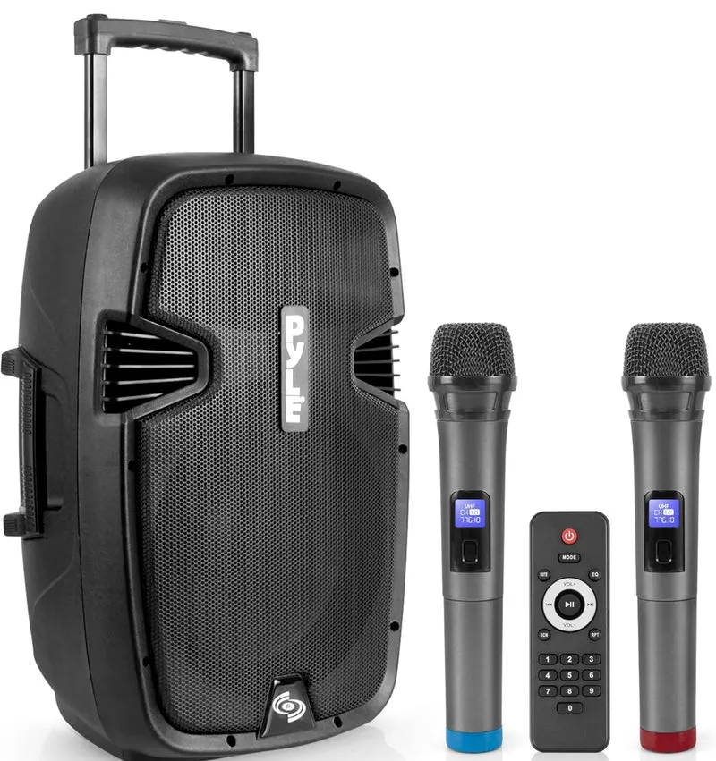 Portable Bluetooth PA Speaker System - 1000W Wireless Karaoke Loudspeaker w/ 12” Subwoofer, USB/SD/MP3/FM - Includes Dual UHF Mics, Remote, Rolling Wheels