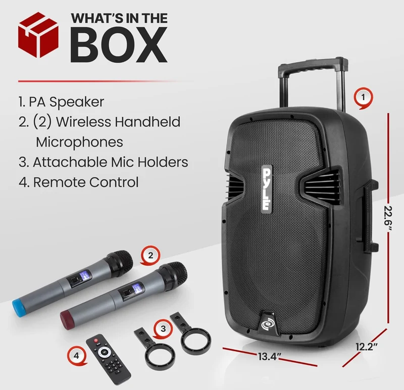 Portable Bluetooth PA Speaker System - 1000W Wireless Karaoke Loudspeaker w/ 12” Subwoofer, USB/SD/MP3/FM - Includes Dual UHF Mics, Remote, Rolling Wheels