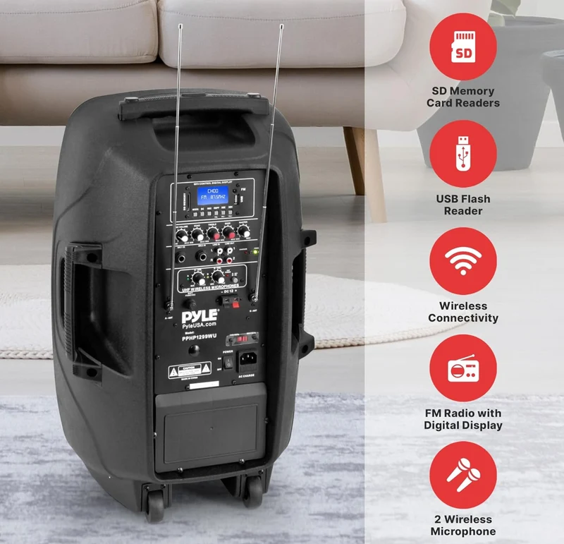Portable Bluetooth PA Speaker System - 1000W Wireless Karaoke Loudspeaker w/ 12” Subwoofer, USB/SD/MP3/FM - Includes Dual UHF Mics, Remote, Rolling Wheels