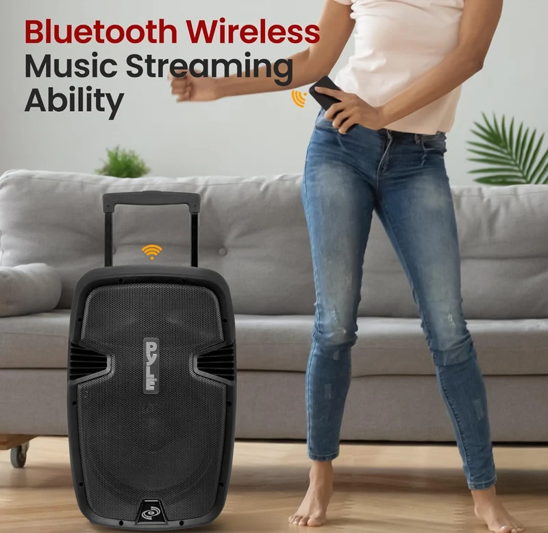Portable Bluetooth PA Speaker System - 1000W Wireless Karaoke Loudspeaker w/ 12” Subwoofer, USB/SD/MP3/FM - Includes Dual UHF Mics, Remote, Rolling Wheels