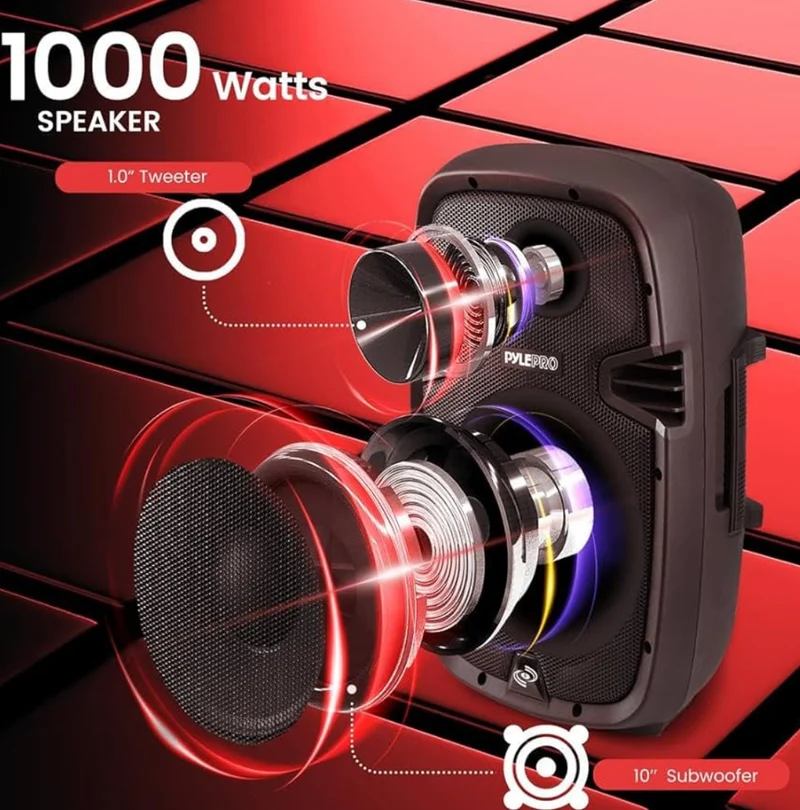PRO 1000W Powered Bluetooth PA System Speakers - Active w/ 10" Subwoofer Monitor Speaker and Built-in USB