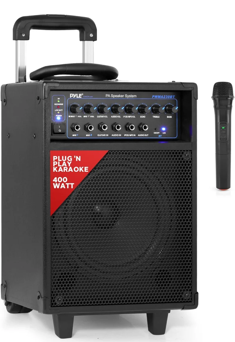 Wireless Portable PA System-400W Bluetooth Compatible Rechargeable Battery Powered Outdoor Sound Stereo Speaker Microphone Set w/Handle, Wheels-1/4 to AUX, RCA Cable