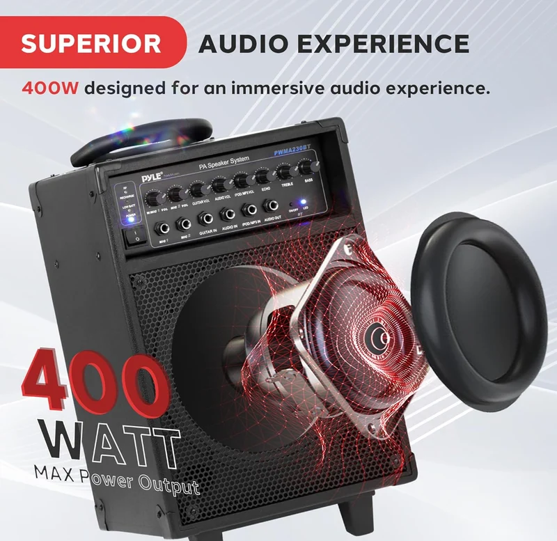 Wireless Portable PA System-400W Bluetooth Compatible Rechargeable Battery Powered Outdoor Sound Stereo Speaker Microphone Set w/Handle, Wheels-1/4 to AUX, RCA Cable