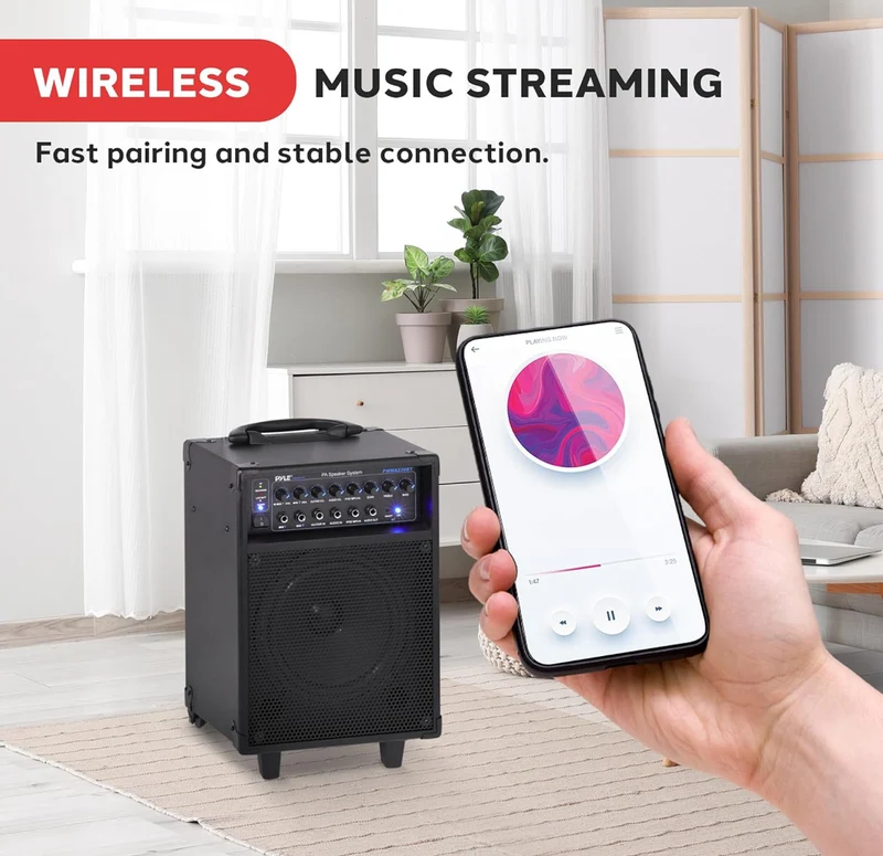 Wireless Portable PA System-400W Bluetooth Compatible Rechargeable Battery Powered Outdoor Sound Stereo Speaker Microphone Set w/Handle, Wheels-1/4 to AUX, RCA Cable