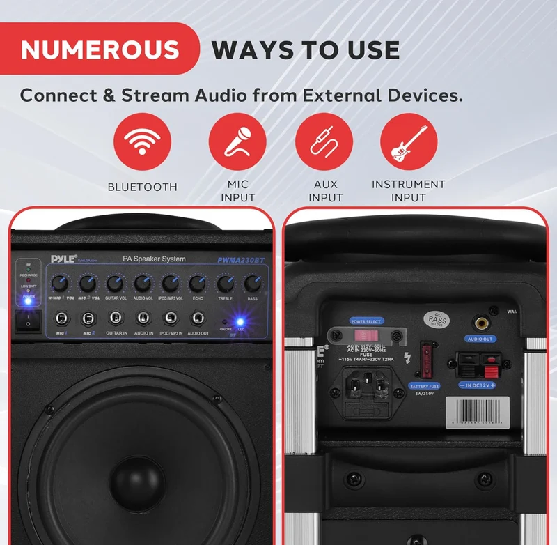 Wireless Portable PA System-400W Bluetooth Compatible Rechargeable Battery Powered Outdoor Sound Stereo Speaker Microphone Set w/Handle, Wheels-1/4 to AUX, RCA Cable