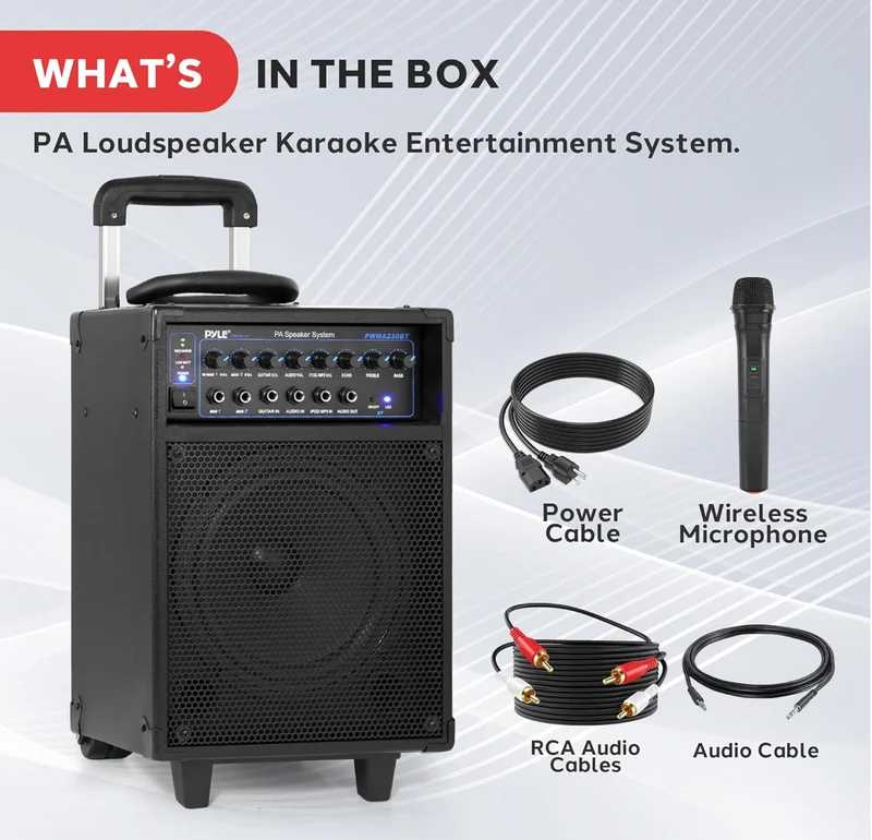 Wireless Portable PA System-400W Bluetooth Compatible Rechargeable Battery Powered Outdoor Sound Stereo Speaker Microphone Set w/Handle, Wheels-1/4 to AUX, RCA Cable