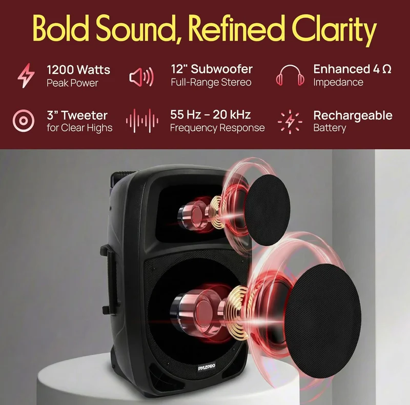 1200W Portable Bluetooth PA Speaker - 12’’ Subwoofer, LED Battery Indicator Lights W/Built-In Rechargeable Battery, MP3/USB/SD Card Reader, and UHF Wireless Microphone