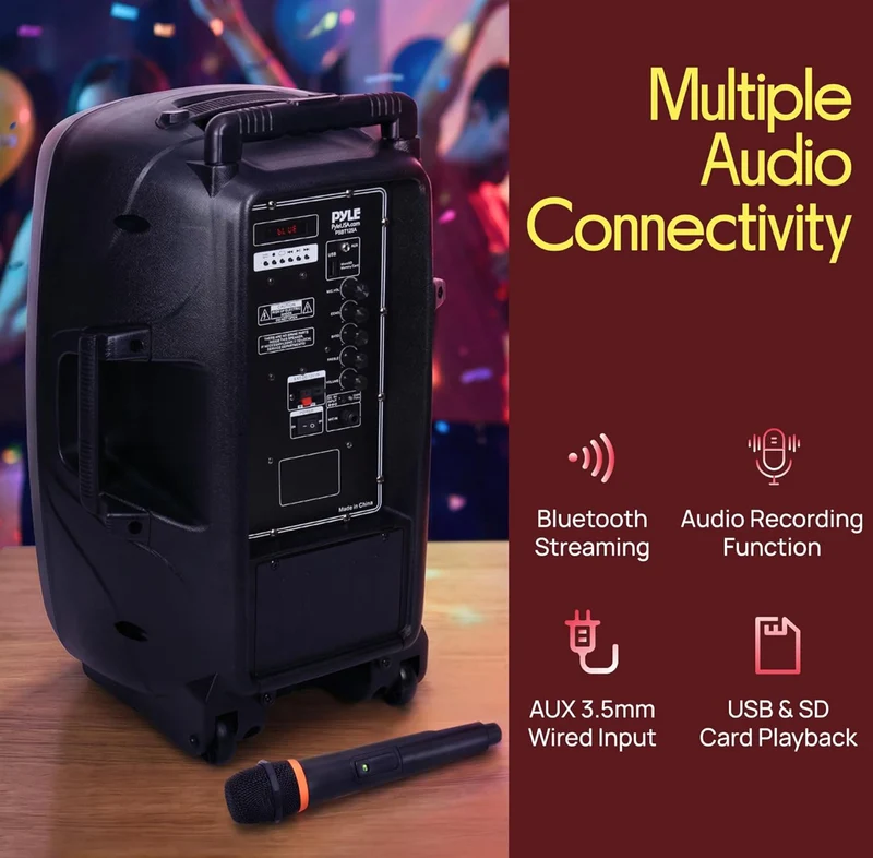 1200W Portable Bluetooth PA Speaker - 12’’ Subwoofer, LED Battery Indicator Lights W/Built-In Rechargeable Battery, MP3/USB/SD Card Reader, and UHF Wireless Microphone