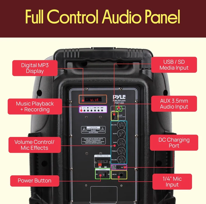 1200W Portable Bluetooth PA Speaker - 12’’ Subwoofer, LED Battery Indicator Lights W/Built-In Rechargeable Battery, MP3/USB/SD Card Reader, and UHF Wireless Microphone
