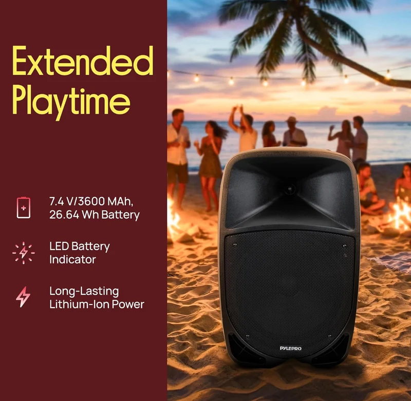 1200W Portable Bluetooth PA Speaker - 12’’ Subwoofer, LED Battery Indicator Lights W/Built-In Rechargeable Battery, MP3/USB/SD Card Reader, and UHF Wireless Microphone