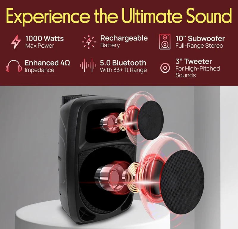 1000W Portable Bluetooth PA Speaker, 10'' Subwoofer, UHF Wireless Mic, MP3/USB/SD, Rechargeable Battery, LED Battery Indicator Lights