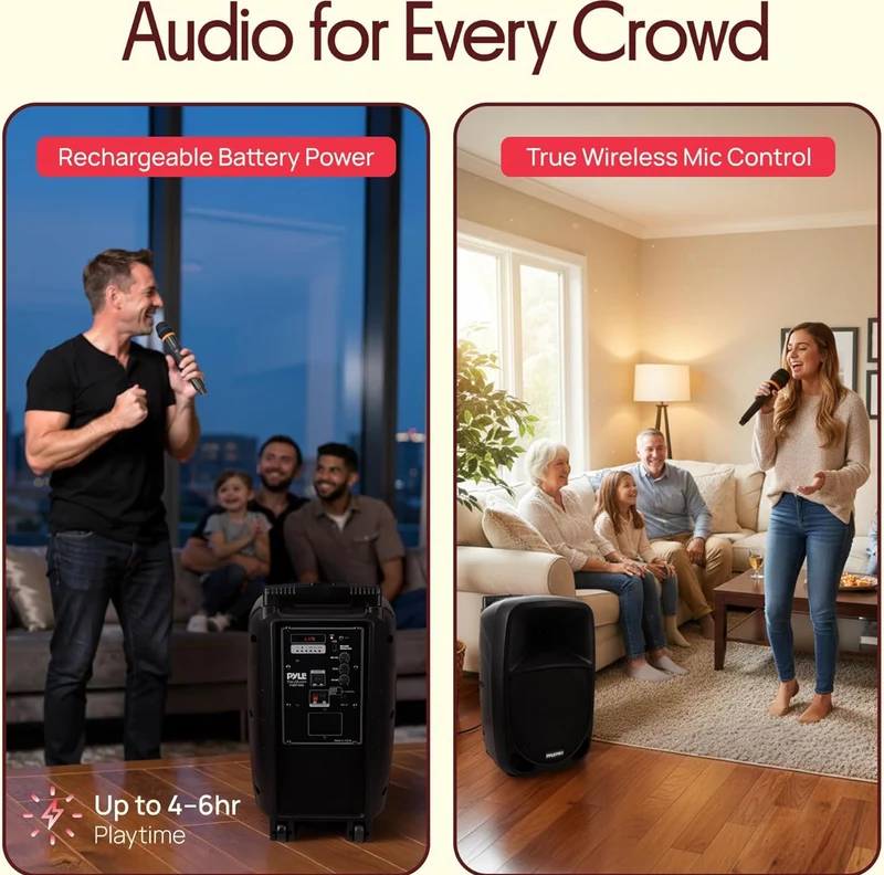 1000W Portable Bluetooth PA Speaker, 10'' Subwoofer, UHF Wireless Mic, MP3/USB/SD, Rechargeable Battery, LED Battery Indicator Lights