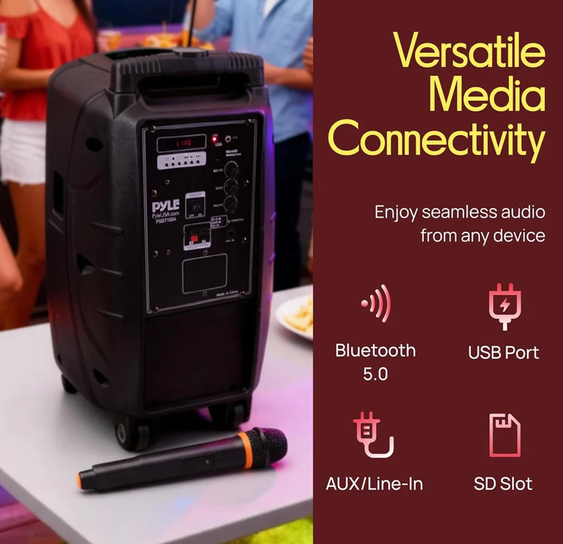 1000W Portable Bluetooth PA Speaker, 10'' Subwoofer, UHF Wireless Mic, MP3/USB/SD, Rechargeable Battery, LED Battery Indicator Lights