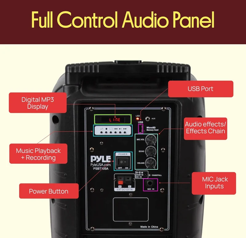 1000W Portable Bluetooth PA Speaker, 10'' Subwoofer, UHF Wireless Mic, MP3/USB/SD, Rechargeable Battery, LED Battery Indicator Lights