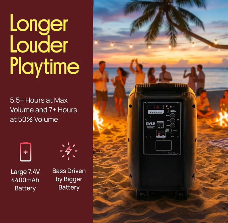 1000W Portable Bluetooth PA Speaker, 10'' Subwoofer, UHF Wireless Mic, MP3/USB/SD, Rechargeable Battery, LED Battery Indicator Lights