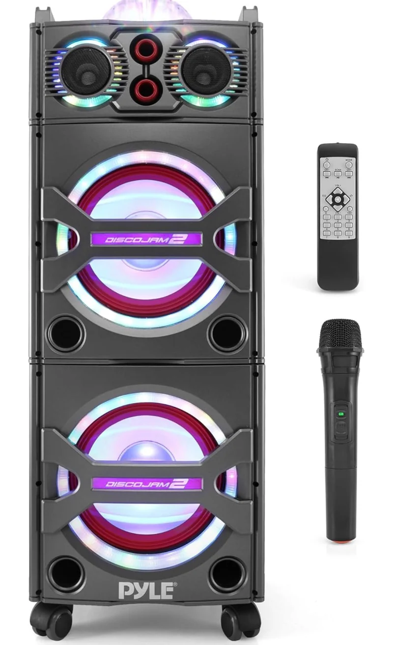 Portable Bluetooth PA Speaker System - 2000W Active powered Outdoor System w/ Microphone In, Party Lights, USB SD Card Reader, AUX/RCA/FM Radio, Wheels