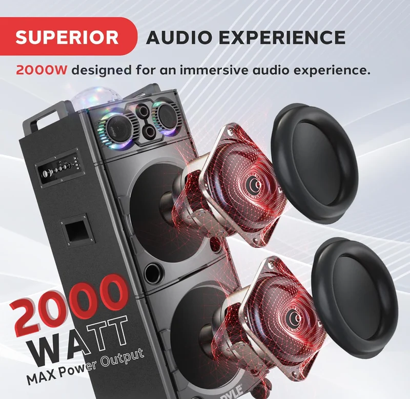 Portable Bluetooth PA Speaker System - 2000W Active powered Outdoor System w/ Microphone In, Party Lights, USB SD Card Reader, AUX/RCA/FM Radio, Wheels