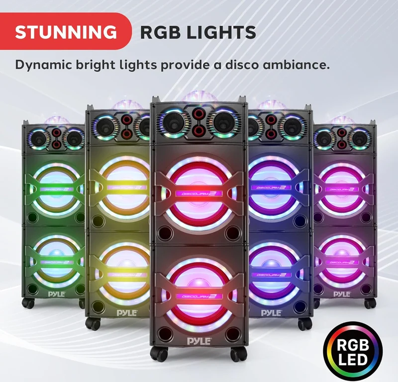 Portable Bluetooth PA Speaker System - 2000W Active powered Outdoor System w/ Microphone In, Party Lights, USB SD Card Reader, AUX/RCA/FM Radio, Wheels