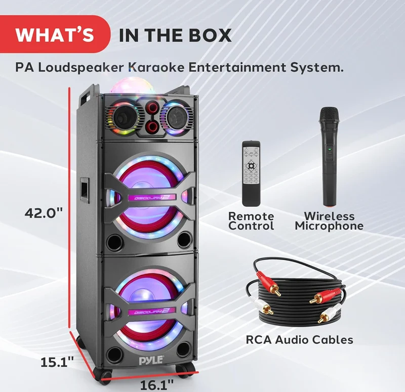 Portable Bluetooth PA Speaker System - 2000W Active powered Outdoor System w/ Microphone In, Party Lights, USB SD Card Reader, AUX/RCA/FM Radio, Wheels