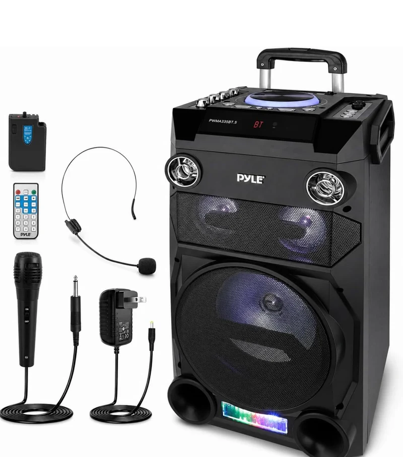Portable Wireless Bluetooth Karaoke PA Speaker - 8'' Subwoofer Sound System w/ DJ Lights, Rechargeable Battery, FM Radio, USB / Micro SD Reader, Microphone, Remote