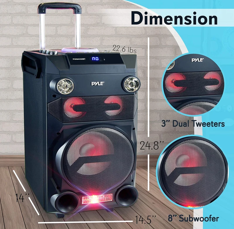 Portable Wireless Bluetooth Karaoke PA Speaker - 8'' Subwoofer Sound System w/ DJ Lights, Rechargeable Battery, FM Radio, USB / Micro SD Reader, Microphone, Remote