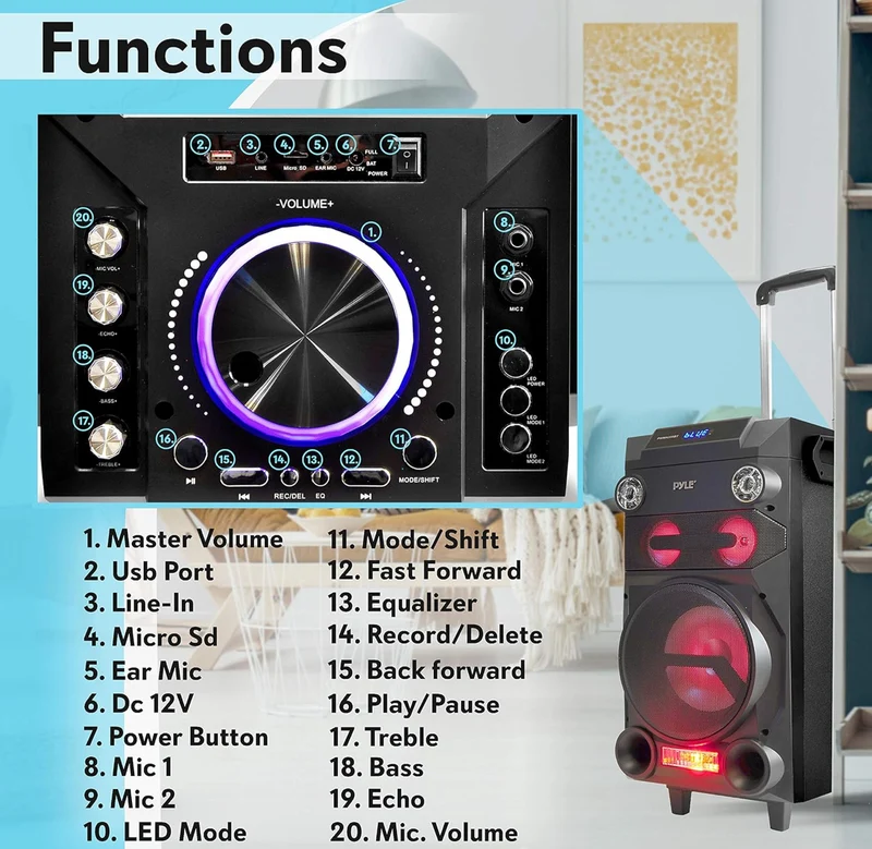 Portable Wireless Bluetooth Karaoke PA Speaker - 8'' Subwoofer Sound System w/ DJ Lights, Rechargeable Battery, FM Radio, USB / Micro SD Reader, Microphone, Remote