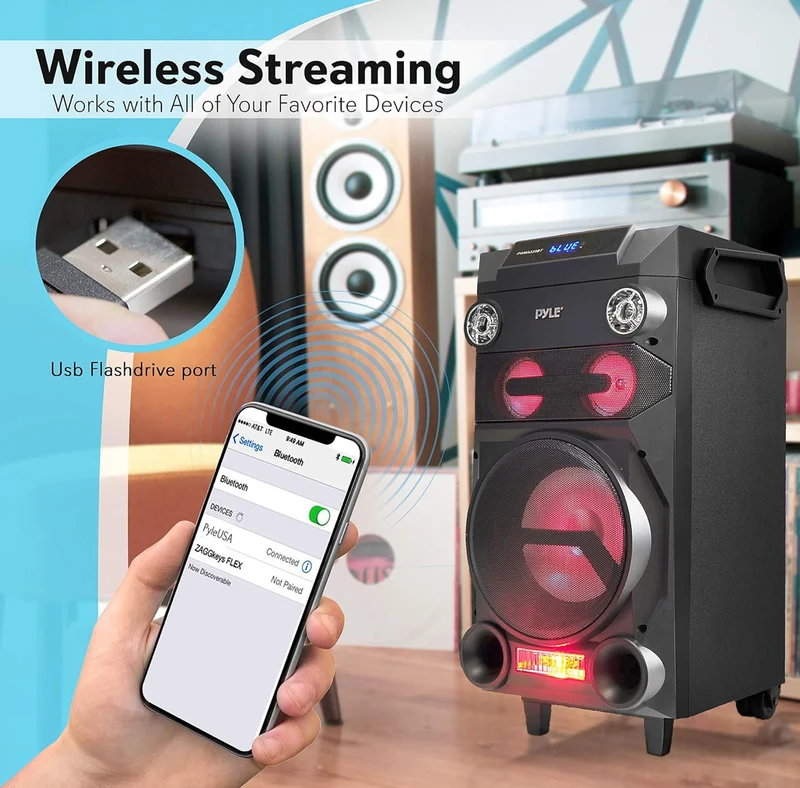 Portable Wireless Bluetooth Karaoke PA Speaker - 8'' Subwoofer Sound System w/ DJ Lights, Rechargeable Battery, FM Radio, USB / Micro SD Reader, Microphone, Remote