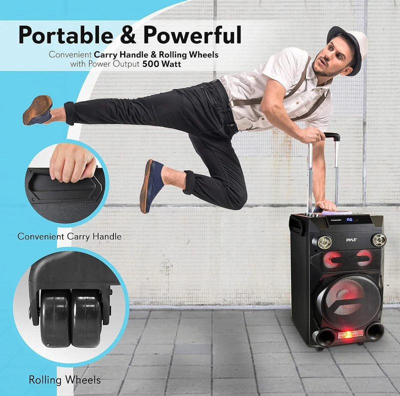 Portable Wireless Bluetooth Karaoke PA Speaker - 8'' Subwoofer Sound System w/ DJ Lights, Rechargeable Battery, FM Radio, USB / Micro SD Reader, Microphone, Remote