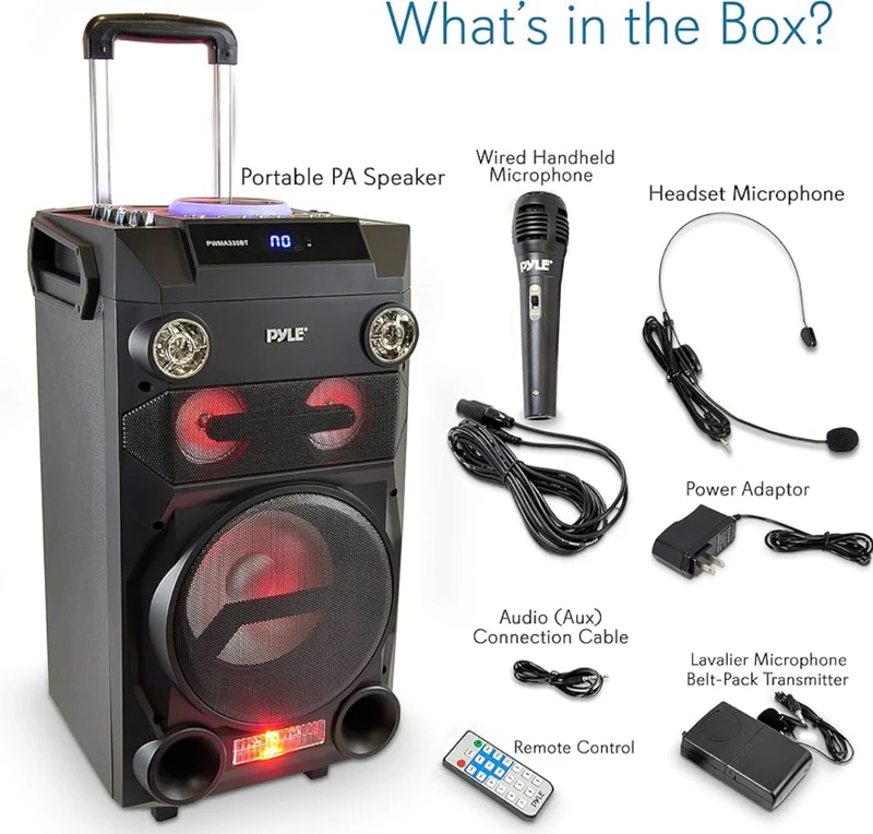 Portable Wireless Bluetooth Karaoke PA Speaker - 8'' Subwoofer Sound System w/ DJ Lights, Rechargeable Battery, FM Radio, USB / Micro SD Reader, Microphone, Remote