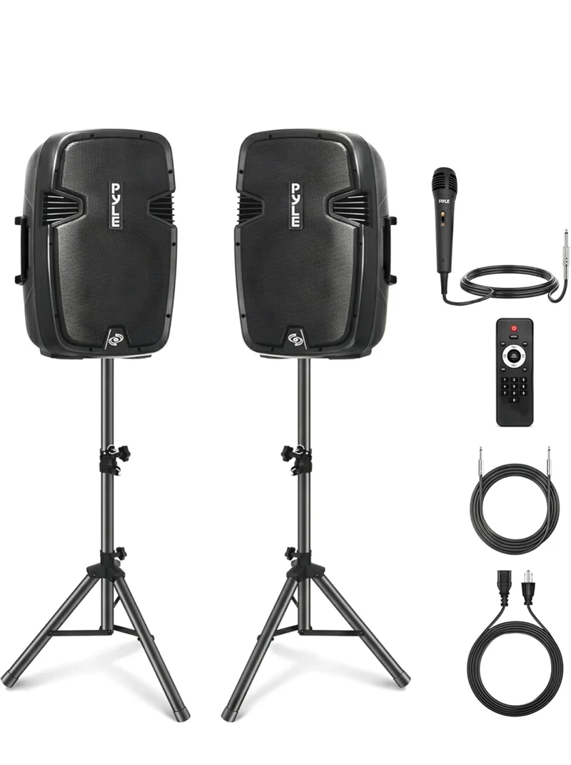 Wireless Portable PA Speaker System - 1800W High Powered Bluetooth Compatible Active + Passive Pair Outdoor Sound Speakers w/ USB SD MP3 AUX - 35mm Mount, 2 Stand, Microphone, Remote
