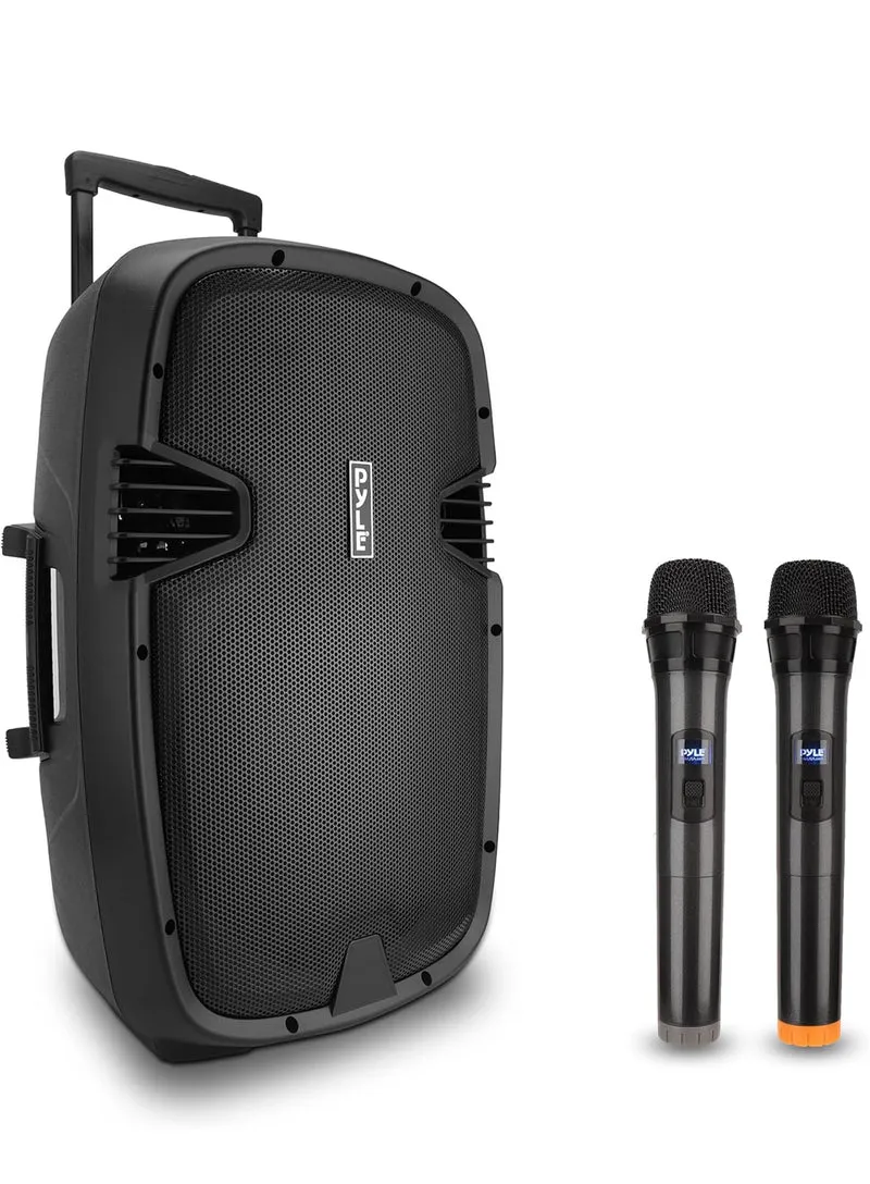 Portable 15" 1600 Watt Bluetooth PA Speaker - Indoor / Outdoor Sound System with (2) UHF Wireless Microphones, Rechargeable Battery, Audio Recording, USB/SD Readers, FM Radio