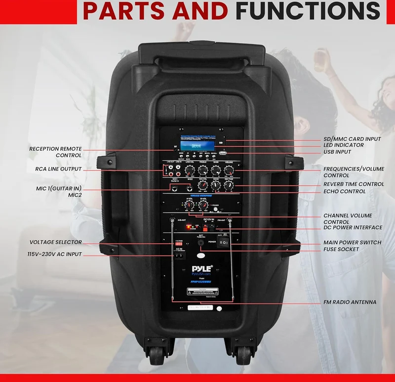 Portable 15" 1600 Watt Bluetooth PA Speaker - Indoor / Outdoor Sound System with (2) UHF Wireless Microphones, Rechargeable Battery, Audio Recording, USB/SD Readers, FM Radio