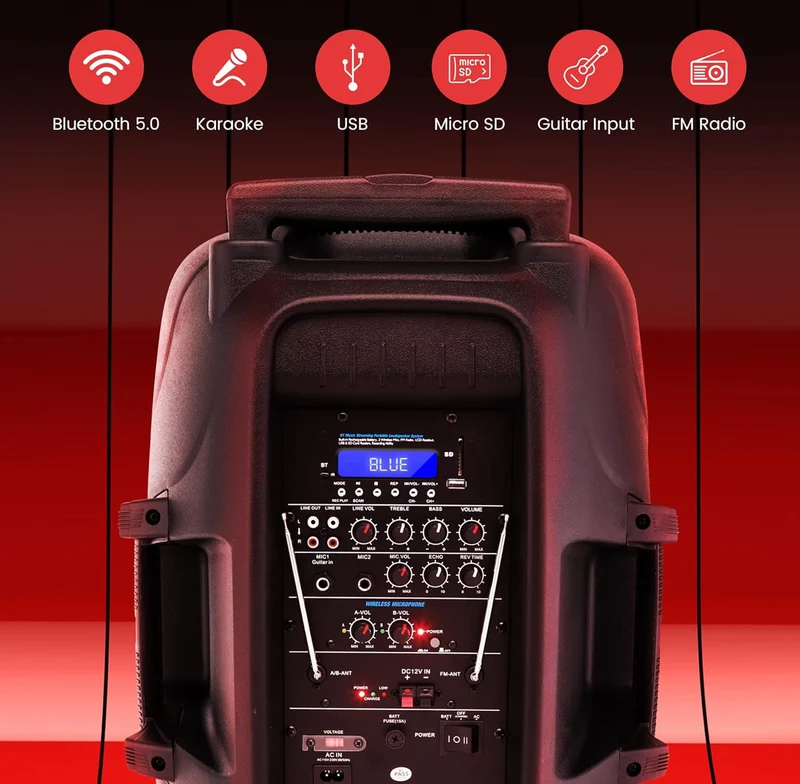 Portable 15" 1600 Watt Bluetooth PA Speaker - Indoor / Outdoor Sound System with (2) UHF Wireless Microphones, Rechargeable Battery, Audio Recording, USB/SD Readers, FM Radio