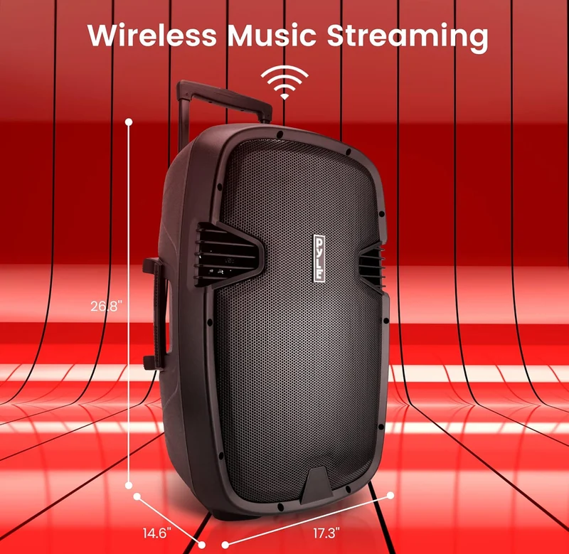 Portable 15" 1600 Watt Bluetooth PA Speaker - Indoor / Outdoor Sound System with (2) UHF Wireless Microphones, Rechargeable Battery, Audio Recording, USB/SD Readers, FM Radio
