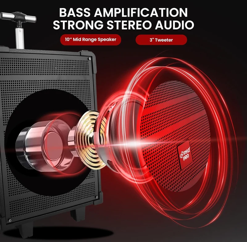 Portable 10" Wireless Bluetooth Speaker System - Built-in Rechargeable Battery, Wireless Microphone, USB/Micro SD/FM - 600 Watt FM Radio w/ Digital LED Display