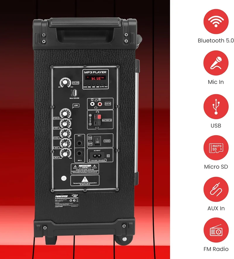 Portable 10" Wireless Bluetooth Speaker System - Built-in Rechargeable Battery, Wireless Microphone, USB/Micro SD/FM - 600 Watt FM Radio w/ Digital LED Display