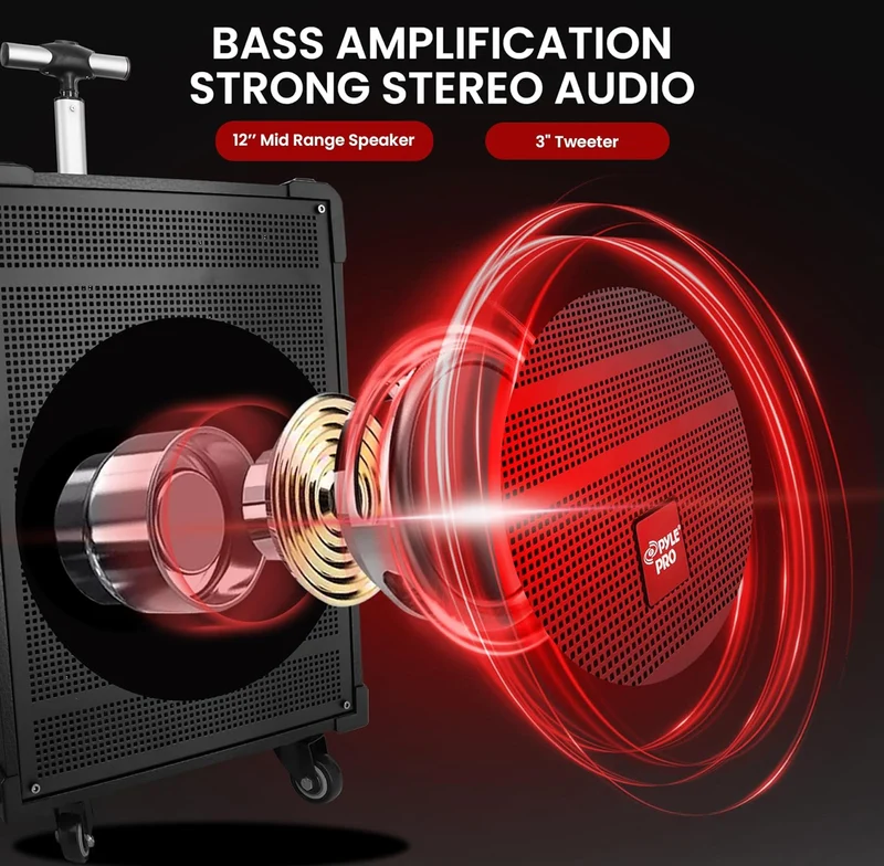 Portable 12" Wireless Bluetooth Speaker System - Built-in Rechargeable Battery, Wireless Microphone, USB/Micro SD/FM - 80 Watt - FM Radio w/ Digital LED Display