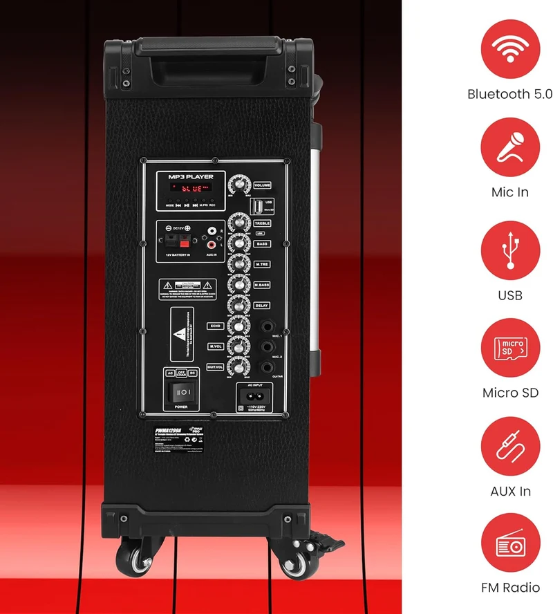 Portable 12" Wireless Bluetooth Speaker System - Built-in Rechargeable Battery, Wireless Microphone, USB/Micro SD/FM - 80 Watt - FM Radio w/ Digital LED Display